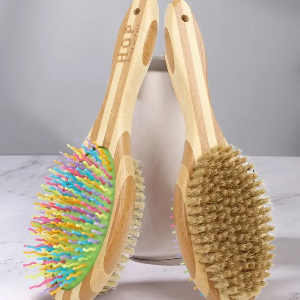 Double-Sided Pet Brush | Bamboo & Silicone Grooming Comb Pet Grooming Brush QXL