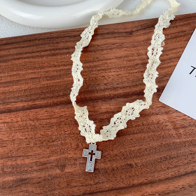 Hollow Cross Pendant Lace Choker Necklace for Women Choker Necklace QXL