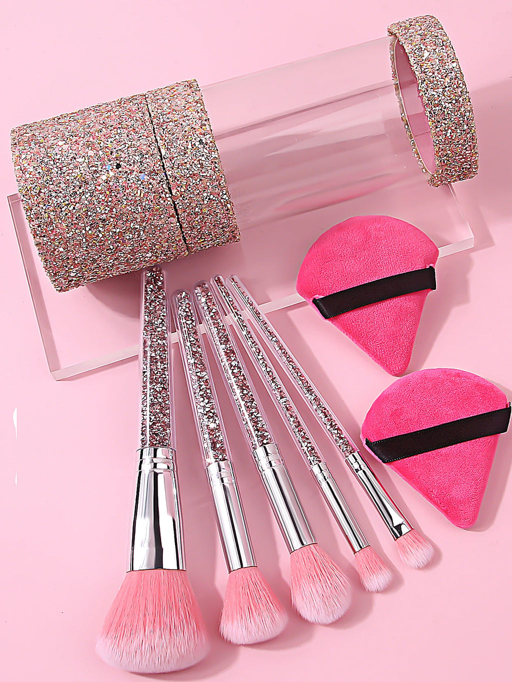 8-Pc Diamond Handle Makeup Brush Set with Storage Bucket – Pink Makeup Brush Set QXL