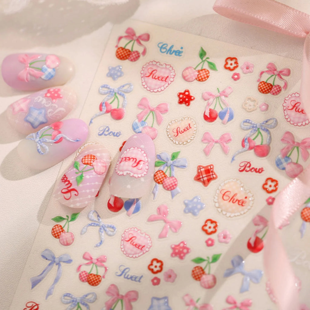 5D Retro French Nail Art Stickers – Cherry, Bow & Lace Decals Nail Art Stickers QXL