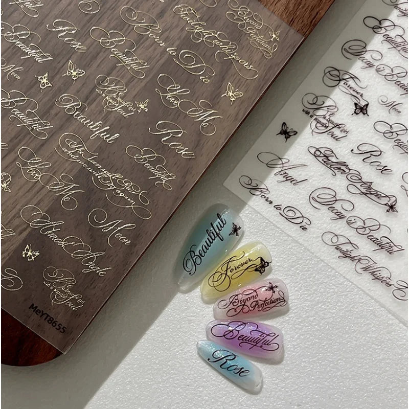 Gothic Silver Butterfly Nail Art Stickers | Cursive Script Decals Nail Art Stickers QXL