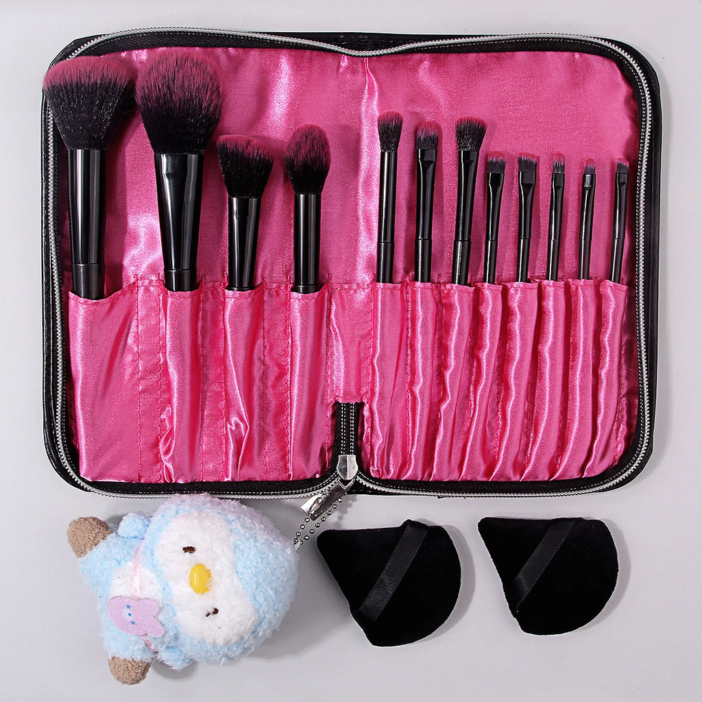 KOSSHOW 16-Piece Makeup Brush Set with PU Bag | Pink & Black Makeup Brush Set QXL