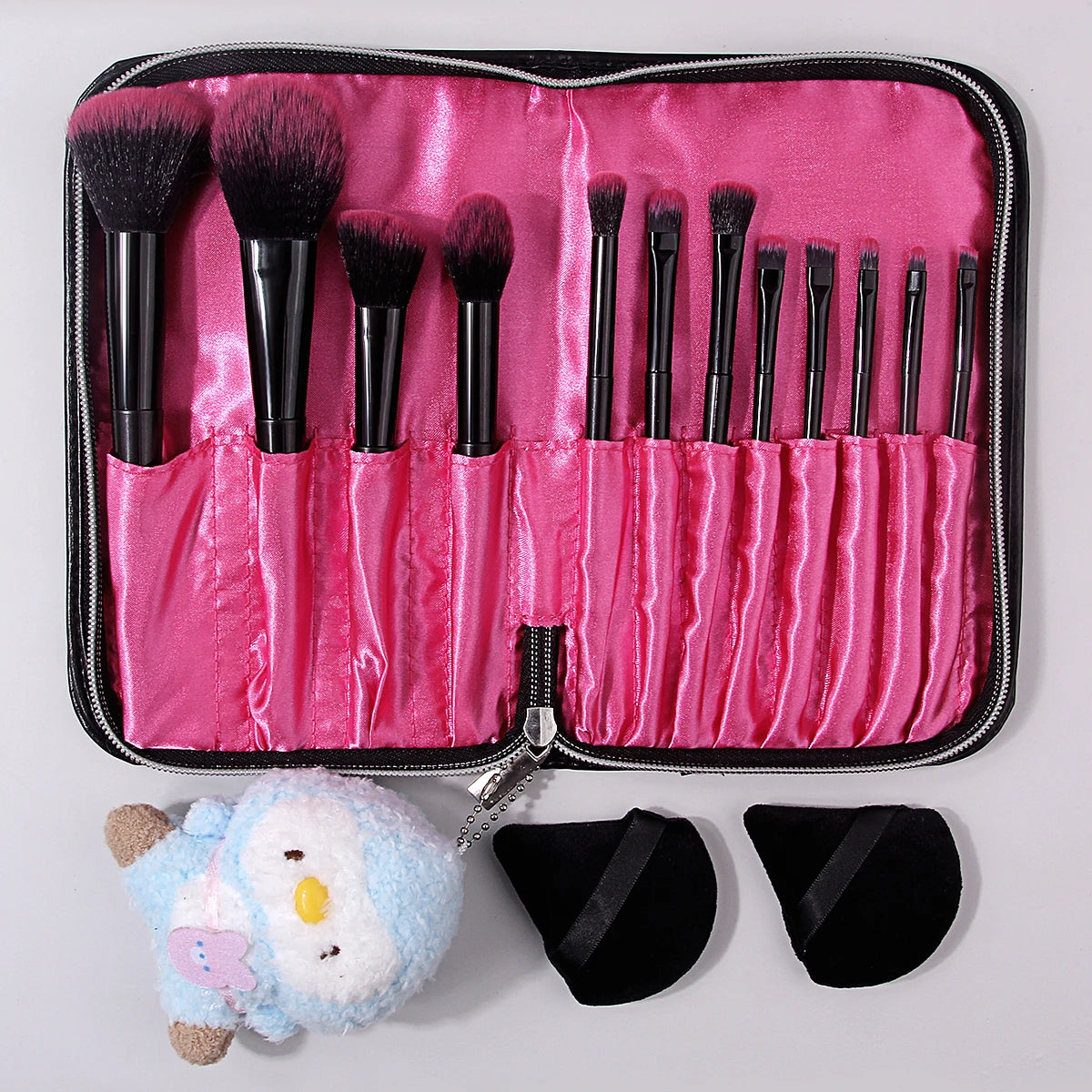 KOSSHOW 16-Piece Makeup Brush Set with PU Bag | Pink & Black Makeup Brush Set QXL