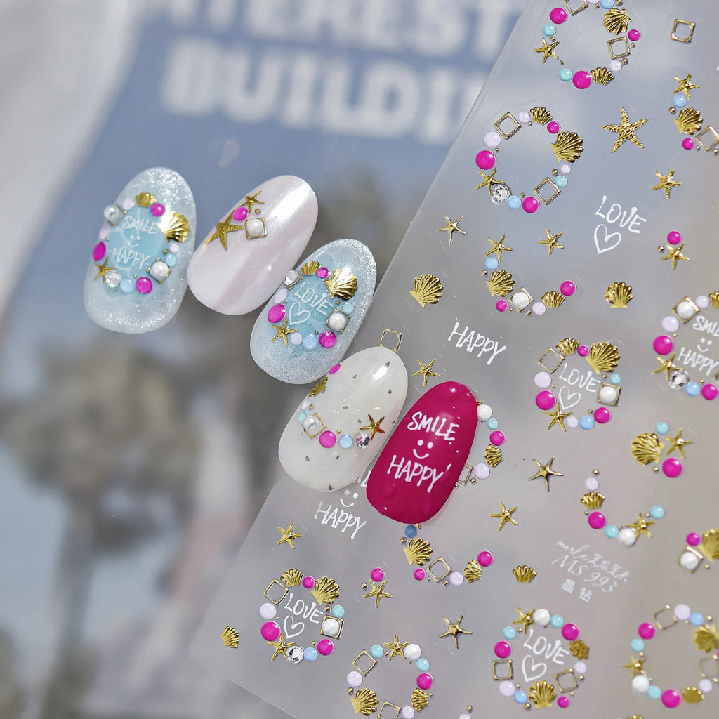 5D Ocean Nail Stickers – Pearl Shell Starfish Metal Frame Decals Nail Art Stickers QXL