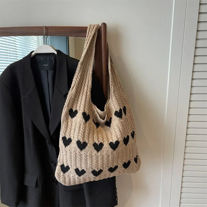 Love Heart Crochet Shoulder Bag | Knitted Woven Tote for Women Crochet Shoulder Bag QXL Khaki