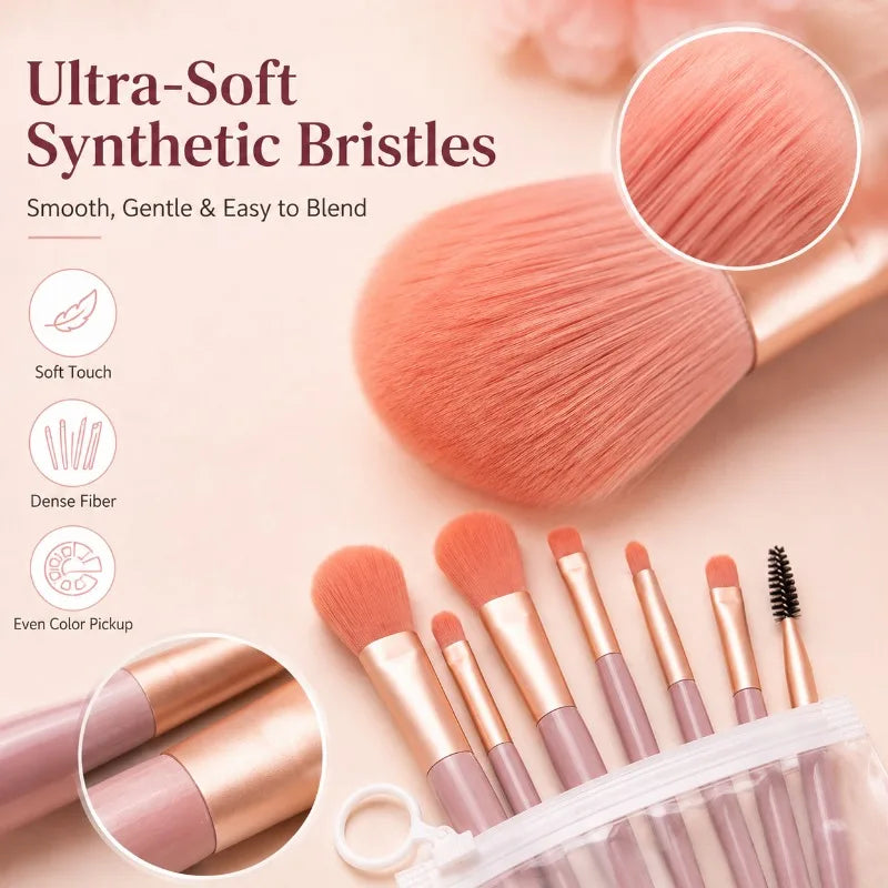 Mini 8-Piece Travel Makeup Brush Set with Zip Pouch Makeup Brush Set QXL
