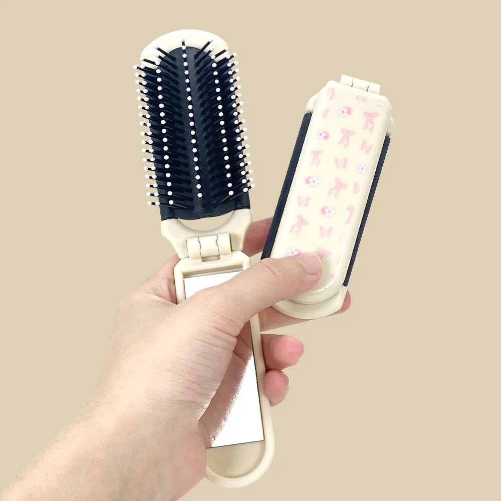 Foldable Air Cushion Comb with Mirror | Portable Floral Mini Comb Foldable Hair Comb QXL SZ348-pink