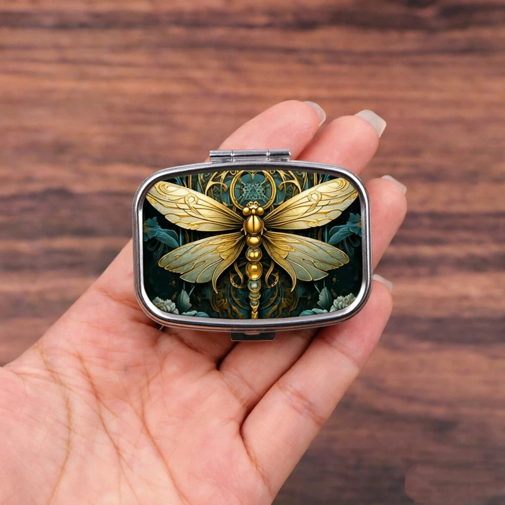 2-Grid Retro Dragonfly Metal Pill Box | Mini Travel Case Travel Pill Case QXL