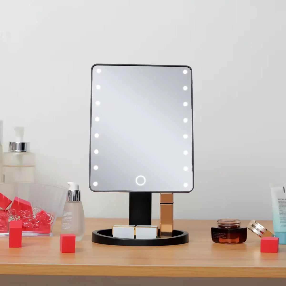 Square LED Vanity Makeup Mirror with Organizer Stand Lighted Vanity Mirror QXL