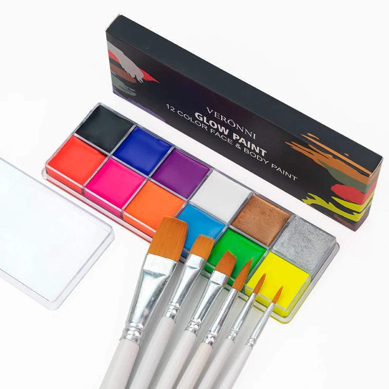 VERONNI 12-Color UV Glow Neon Face & Body Paint Palette UV Glow Face Paint QXL GlowPaint whitebrush
