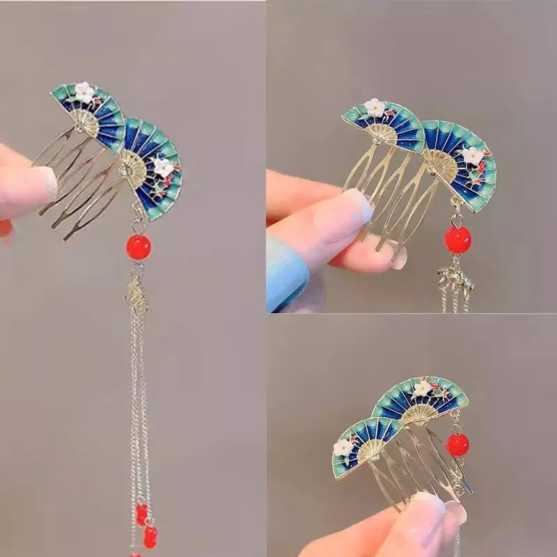 Retro Fringe Fan Hair Comb | Blue & Red Wedding Hairpin Decorative Hair Comb QXL