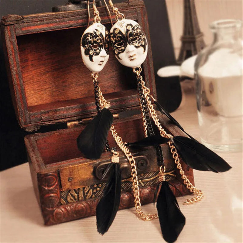 Baroque Feather Tassel Mask Long Drop Earrings – Gold Drop Earrings QXL