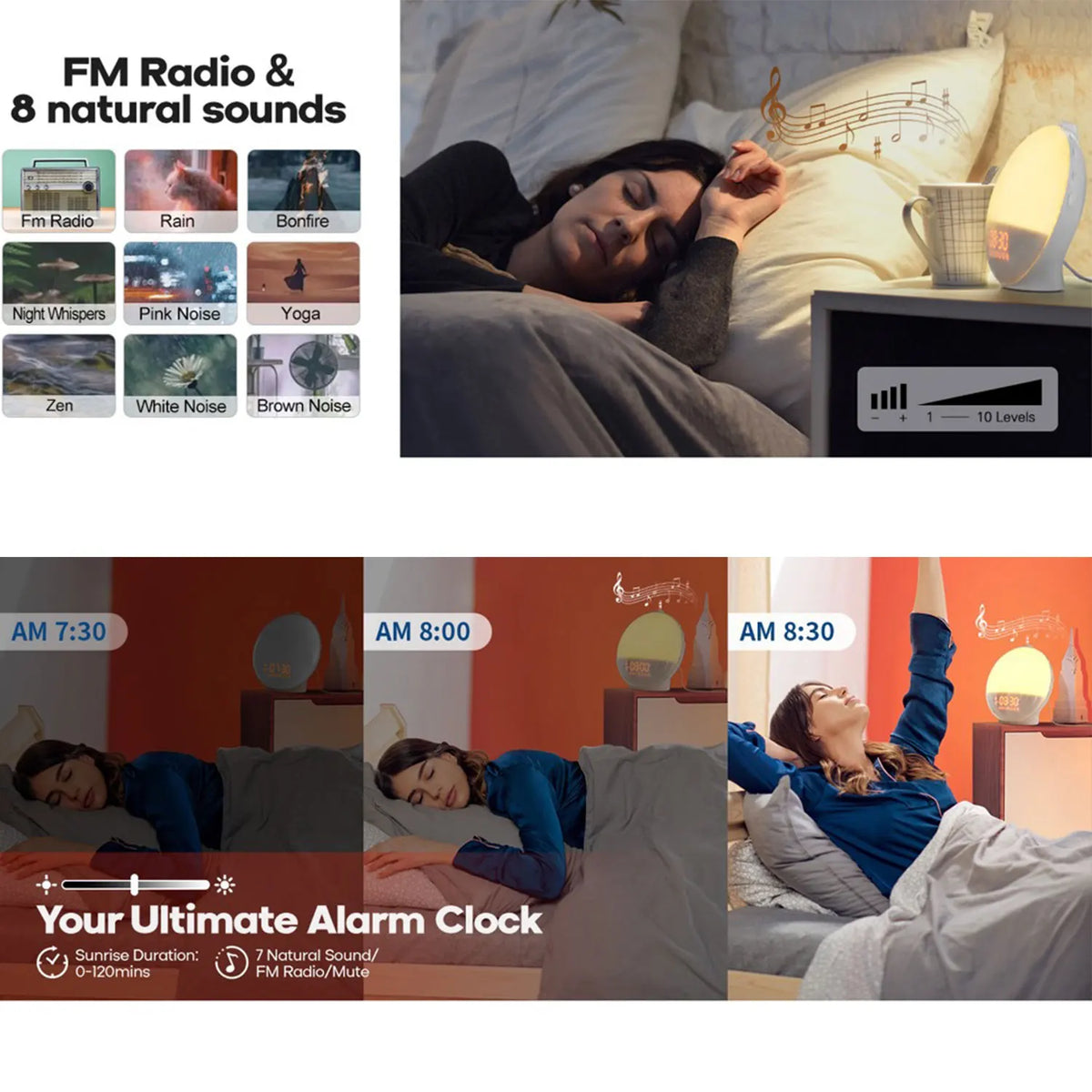 Wake Up Light Alarm Clock | RGB Night Light, FM Radio & White Noise Wake Up Light Clock QXL