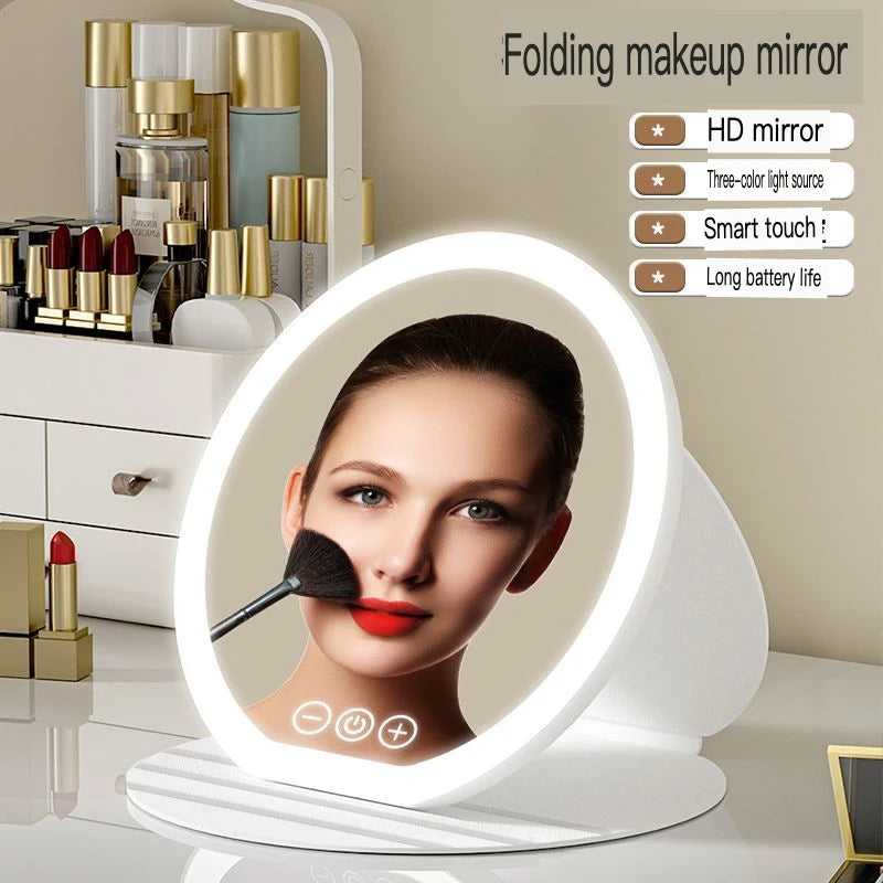 LED Makeup Mirror Foldable Round Leather Case | Rechargeable LED Makeup Mirror QXL