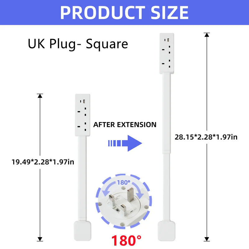 Rotating Retractable Power Strip Outlet Extender | Bedside Outlet Extender QXL UK Plug -Square