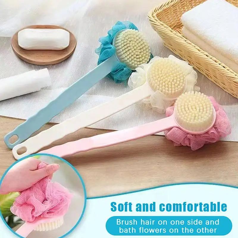 Long-Handle Loofah & Bristle Bath Brush – Body & Back Scrubber Bath Body Brush QXL