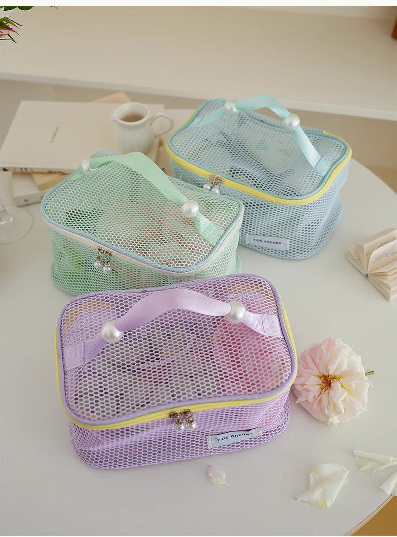 Pearl Mesh Cosmetic Bag | Travel Makeup Organizer Zipper Pouch Cosmetic Bag QXL