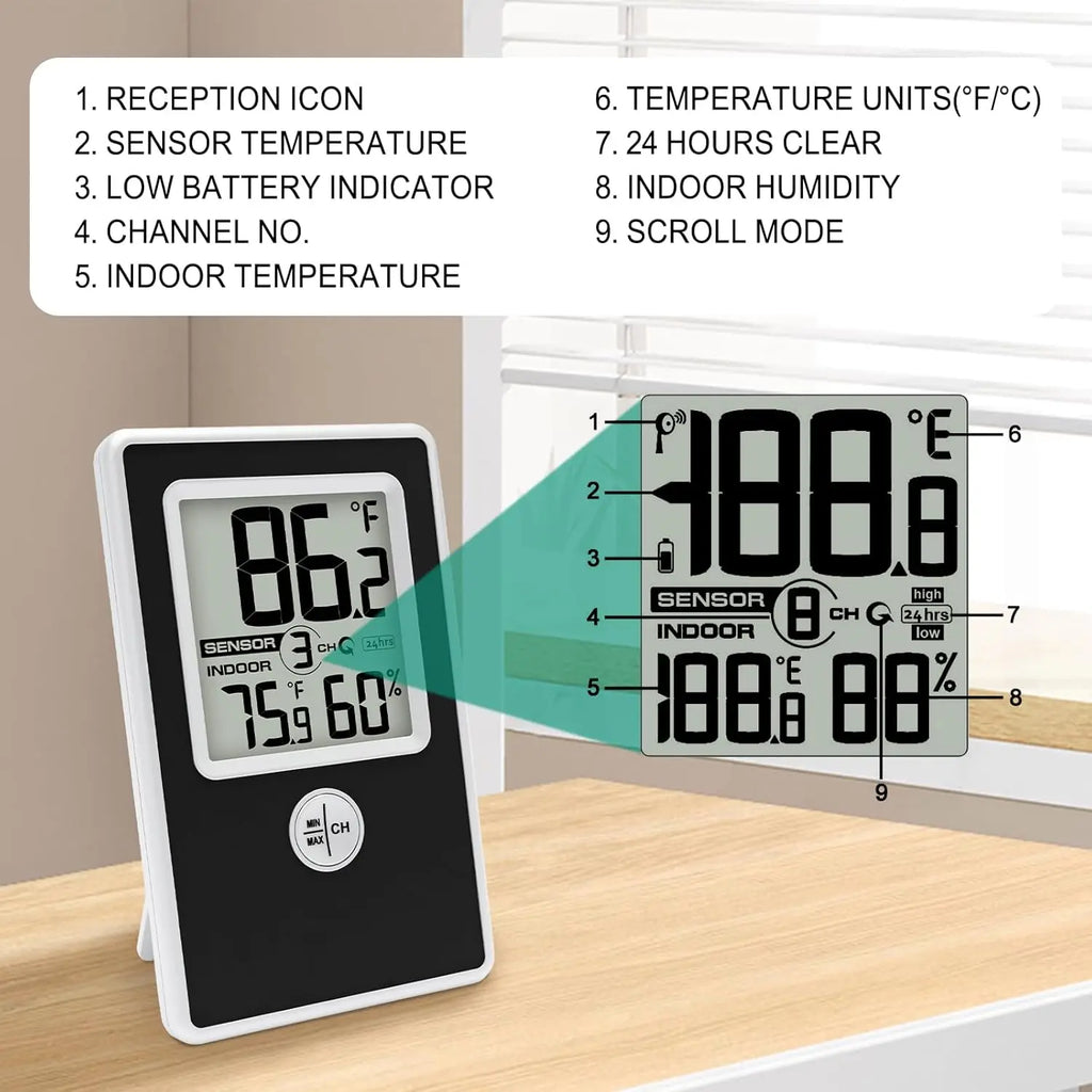 Wireless Thermometer Hygrometer | Remote Sensor & Min/Max Record Thermometer Hygrometer QXL