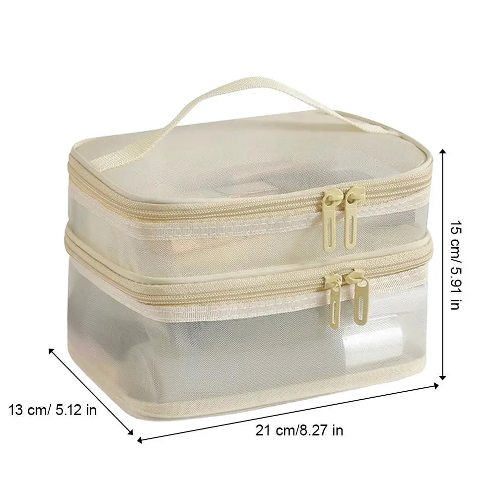 2-Layer Mesh Travel Cosmetic Organizer Bag | Foldable Makeup Pouch Travel Cosmetic Bag QXL