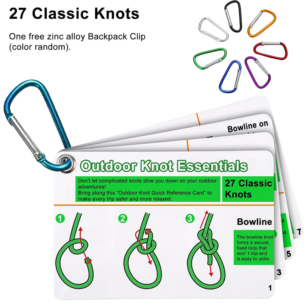 27-Knot Waterproof Climbing Knot Cards with Mini Carabiner Knot Reference Cards QXL