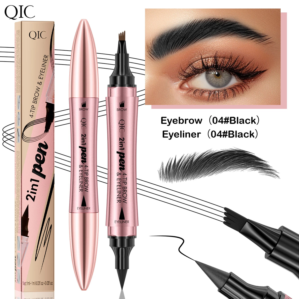 QIC 2-in-1 Waterproof Eyebrow Pen & Eyeliner 4-Fork Tip Eyebrow Pen & Eyeliner QXL 04