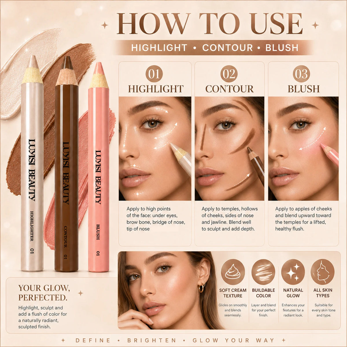 3-Piece Contour, Blush & Highlighter Makeup Pen Set Face Makeup Pen Set QXL
