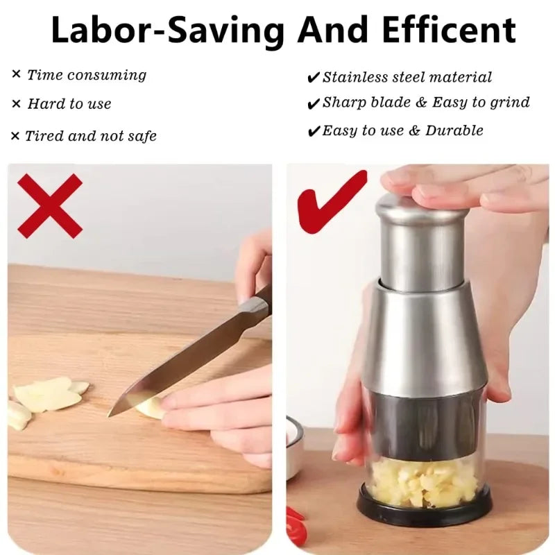 Stainless Steel Garlic Chopper & Onion Press | Manual Veggie Tool Garlic & Vegetable Chopper QXL