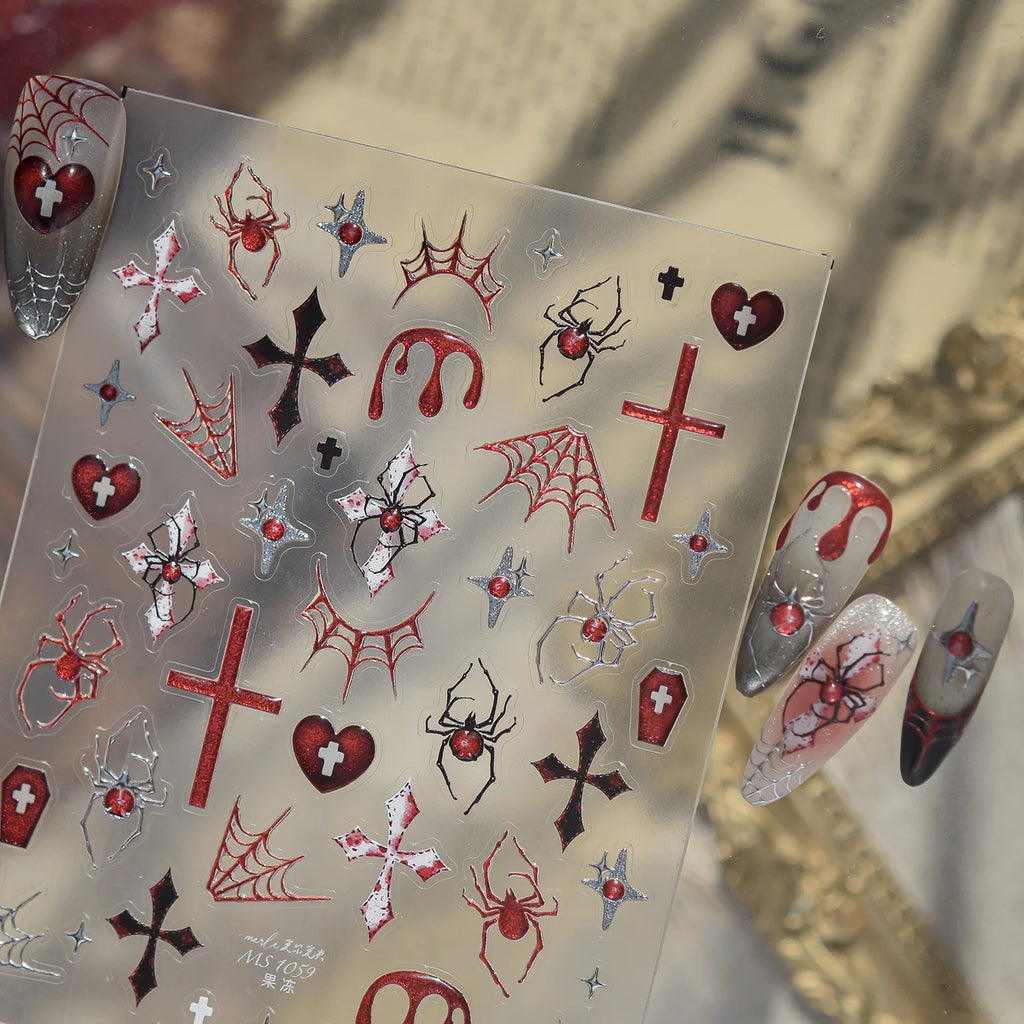 Gothic 5D Nail Stickers | Dark Red Spider Cobweb Decals DIY Nail Art Stickers QXL