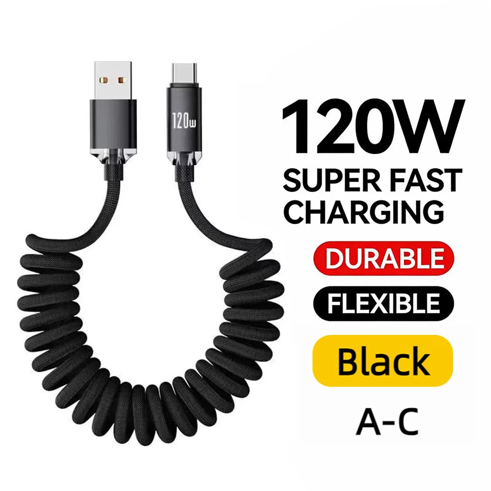 120W Retractable USB-C Fast Charging Cable – Spring Coil USB-C Charging Cable QXL