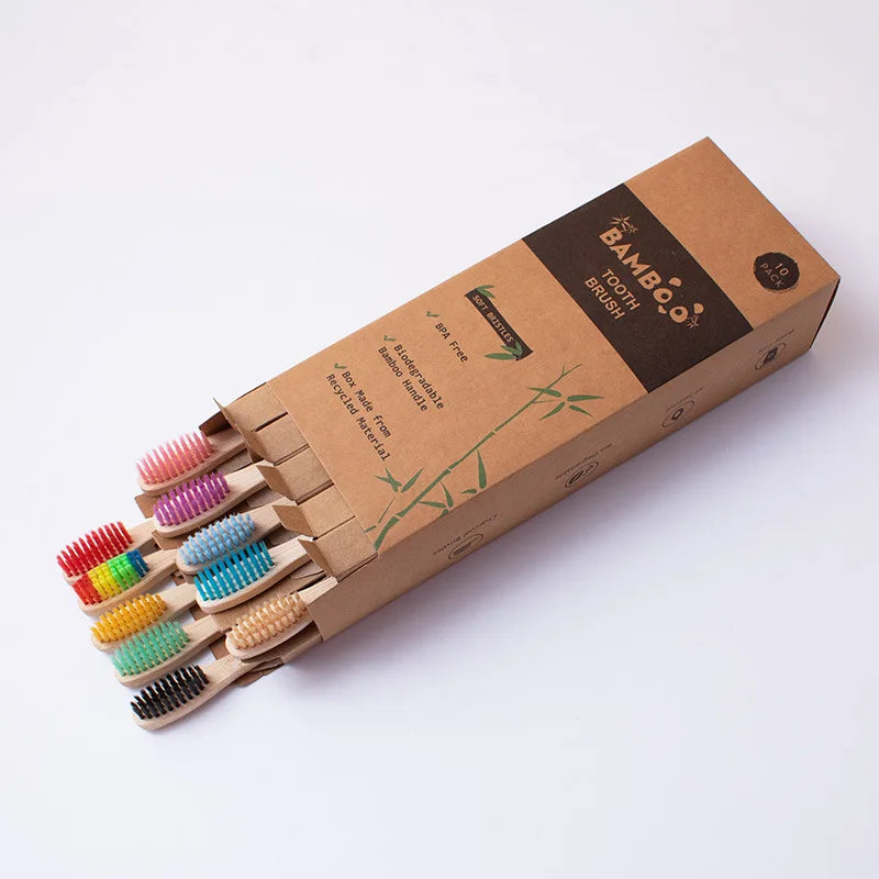 10-Pack Natural Bamboo Toothbrush Set | Eco Soft Bristles Bamboo Toothbrush Set QXL 1Box 10Pcs