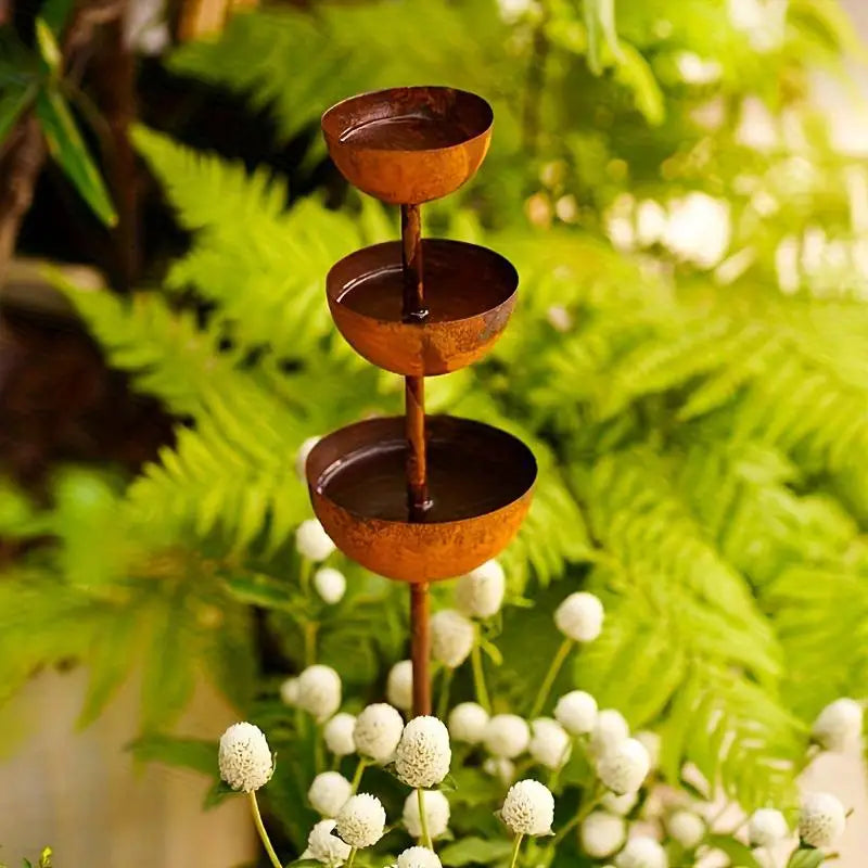 3-Tier Metal Rain Catcher Garden Stake | Bird Bath Ornament Garden Stake Ornament QXL