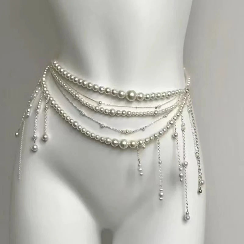 Multi-Layer Pearl Flower Tassel Waist Chain | Women's Body Chain Body Chain QXL B