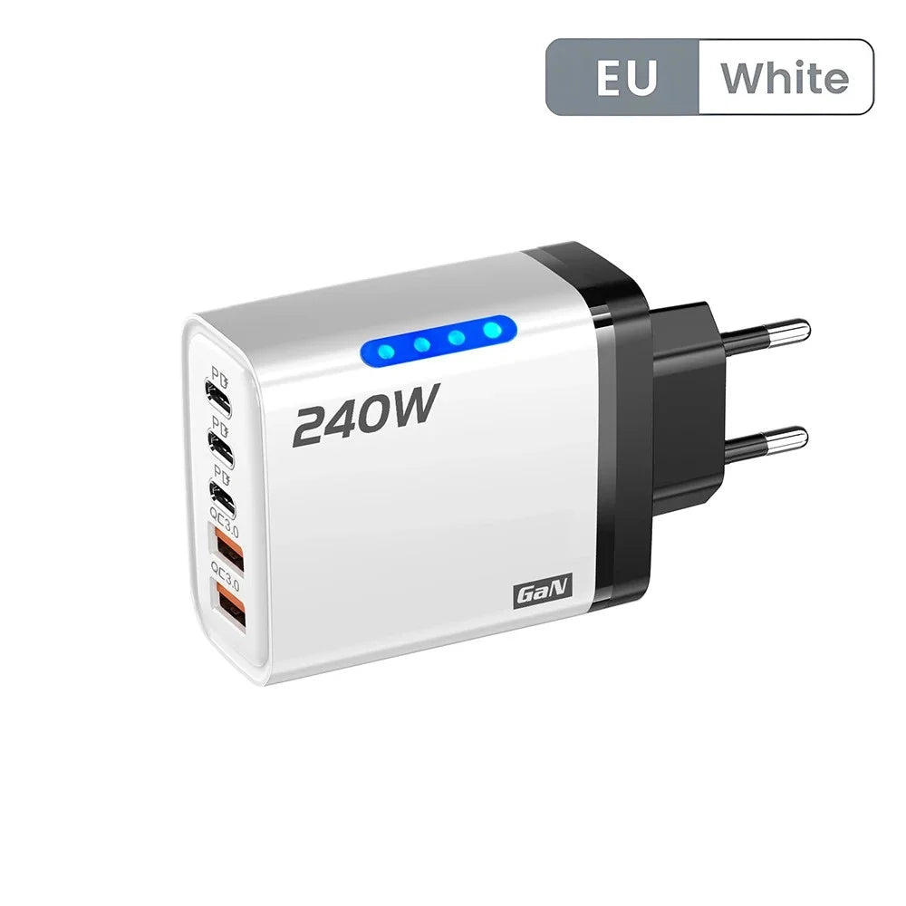 240W GaN 5-Port USB-C PD QC3.0 Fast Wall Charger EU/US/UK Multi-Port Wall Charger QXL White EU