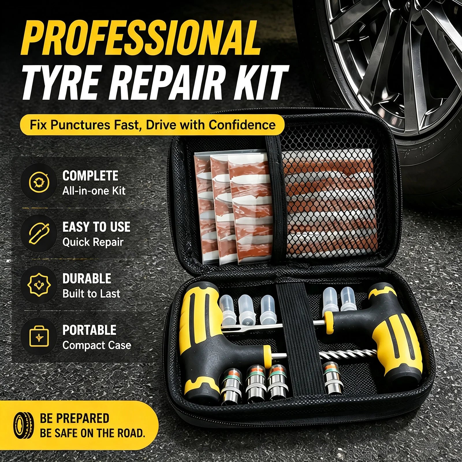 Motorbike Tubeless Tyre Repair Kit | Plugs, Awl & Valve Caps Tyre Repair Kit QXL