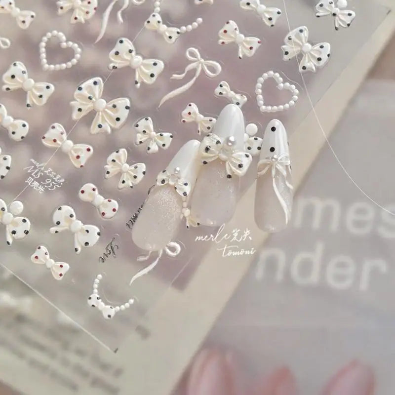 3D Heart Pearl Bow Ribbon Nail Stickers | Self-Adhesive DIY Nail Art Stickers QXL
