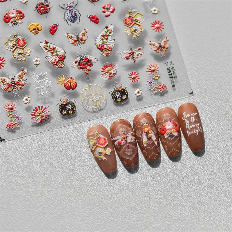 5D Embossed Bee & Butterfly Nail Art Stickers | Embroidery Decals Nail Art Stickers QXL