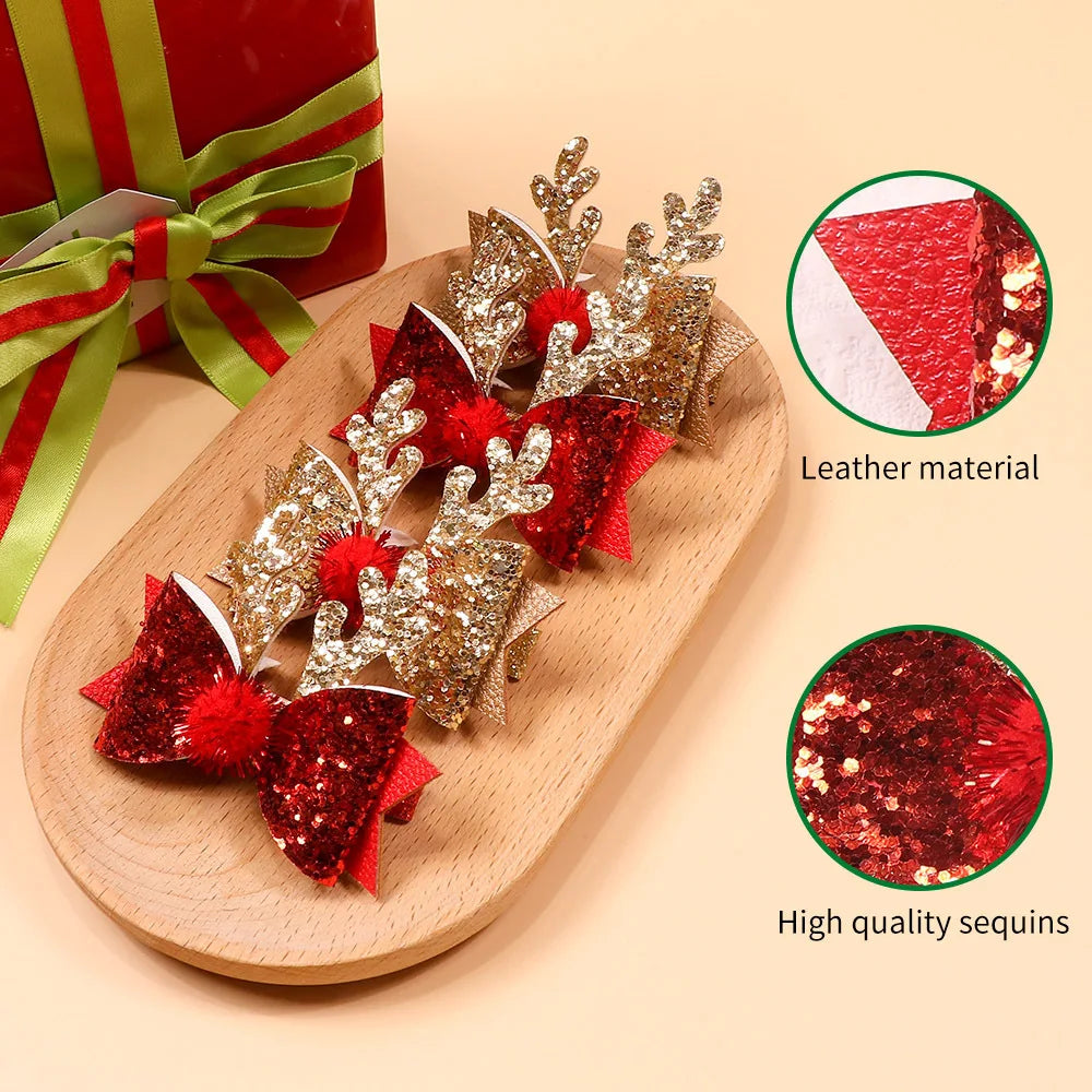 Girls Sequin Bow & Antler Hair Clips | Christmas Party Set Kids Hair Clips QXL