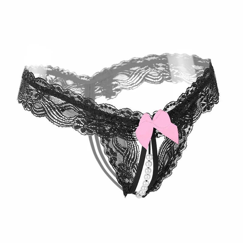 Women's Lace Thong | Pearl Beaded Transparent Panties Lace Thong Underwear QXL E one size