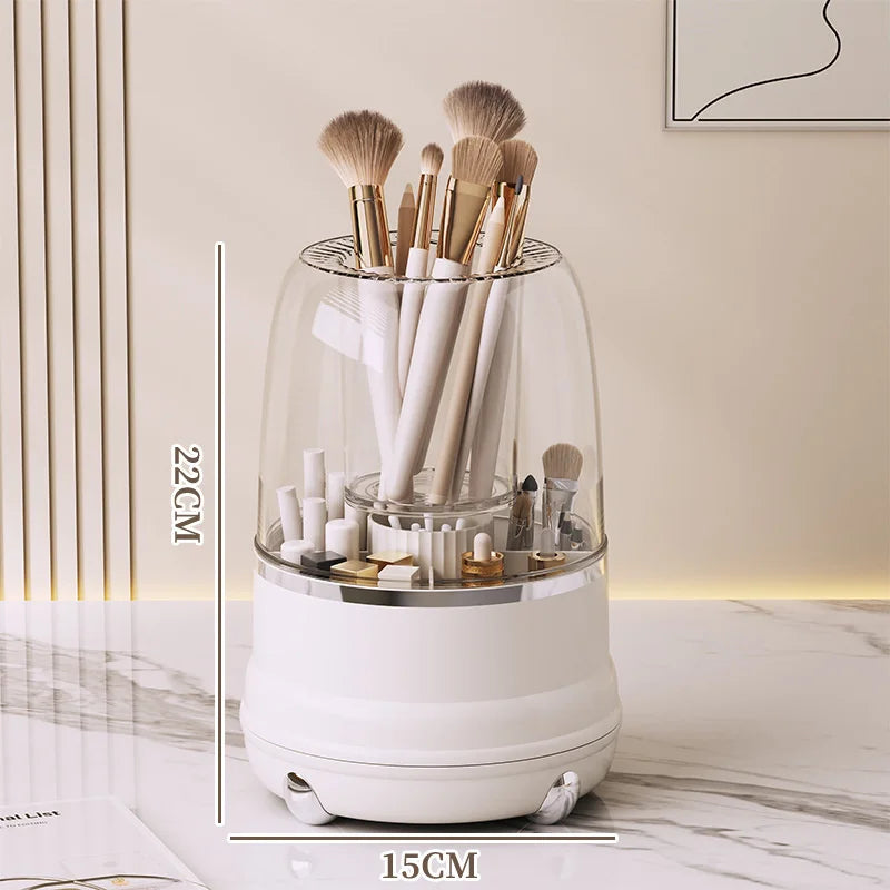 360° Rotating Makeup Brush Holder with Dustproof Cover Makeup Brush Organizer QXL White-With Lid