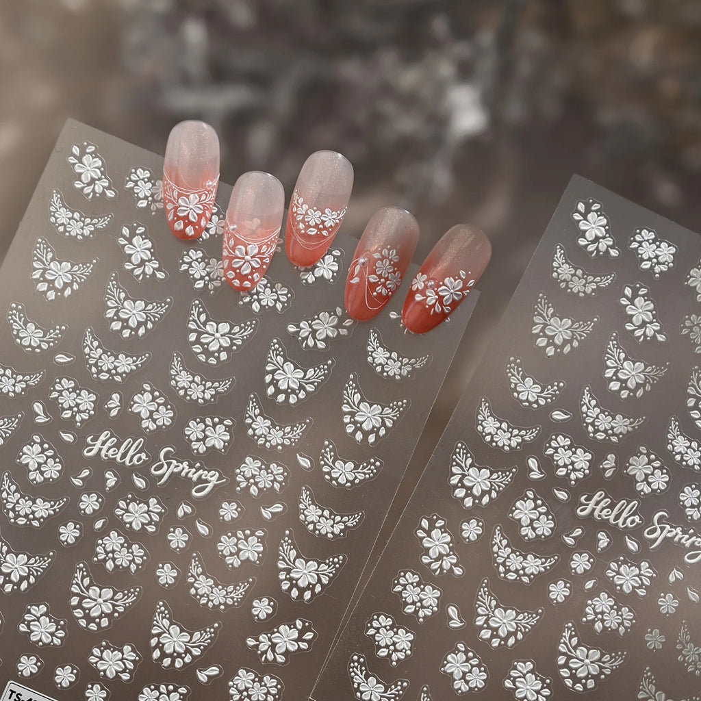 5D White Floral Nail Stickers | Self-Adhesive Spring Decals Nail Art Stickers QXL