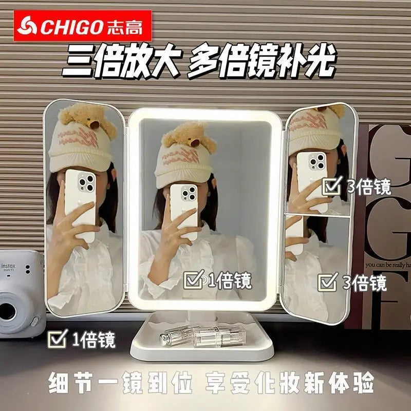 LED Lighted Trifold Folding Makeup Mirror | Double-Door Desktop Lighted Makeup Mirror QXL