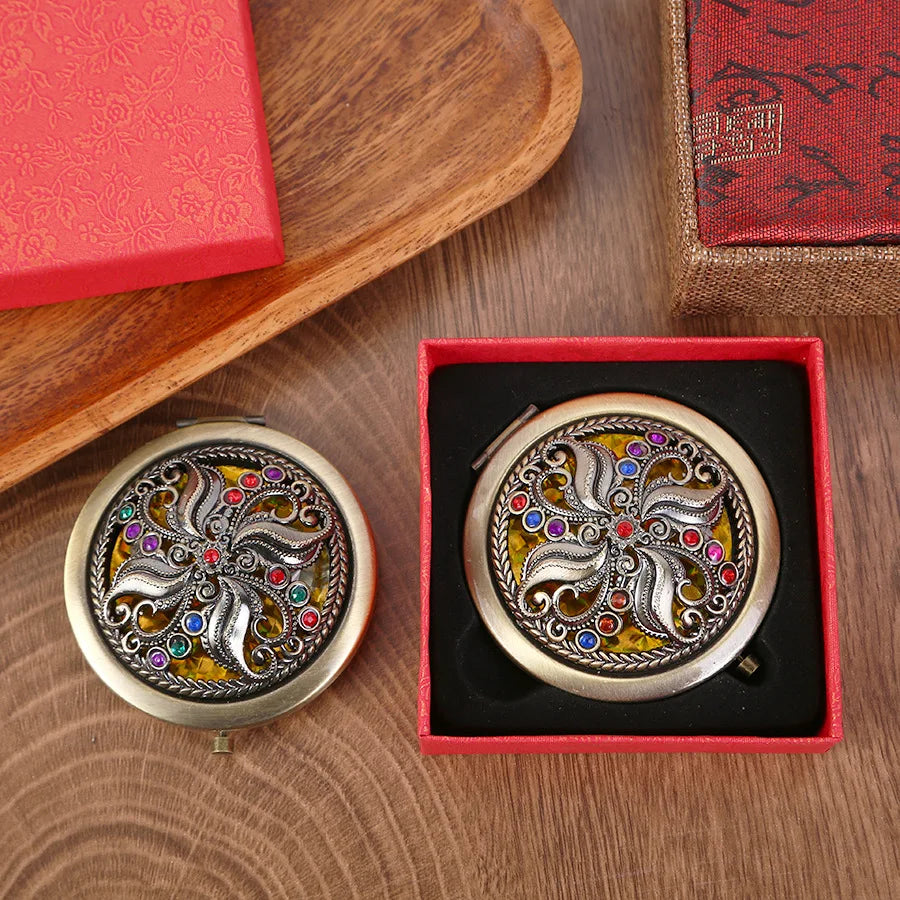 Vintage Round Compact Mirror | Double-Sided Folding Pocket Mirror Compact Pocket Mirror QXL