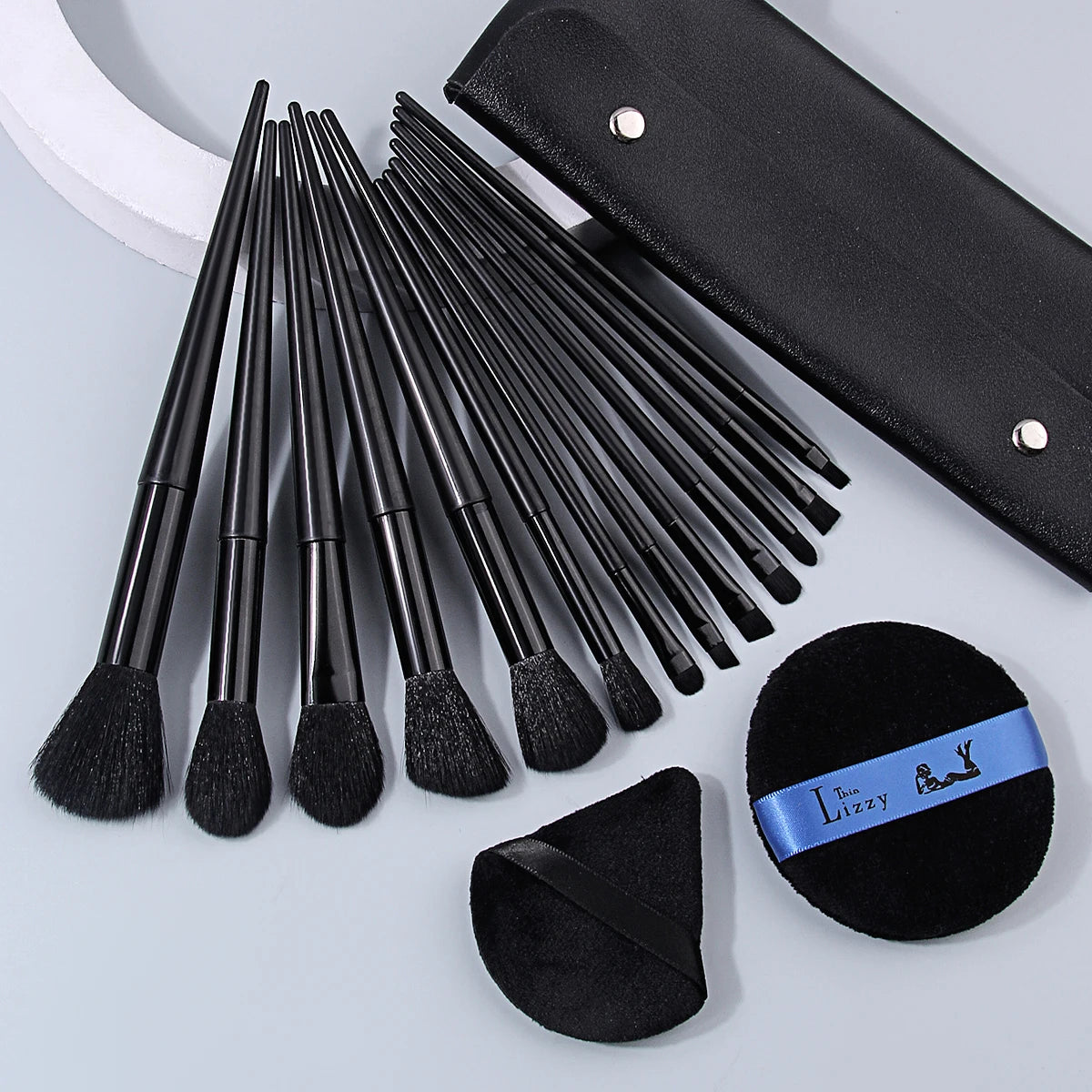 16-Pc Black Makeup Brush Set with PU Bag & Powder Puffs Makeup Brush Set QXL