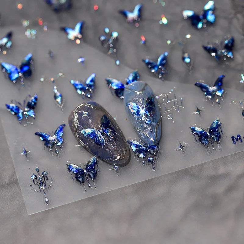 5D Glitter Blue Butterfly Nail Art Stickers | Self-Adhesive Decals Nail Art Stickers QXL