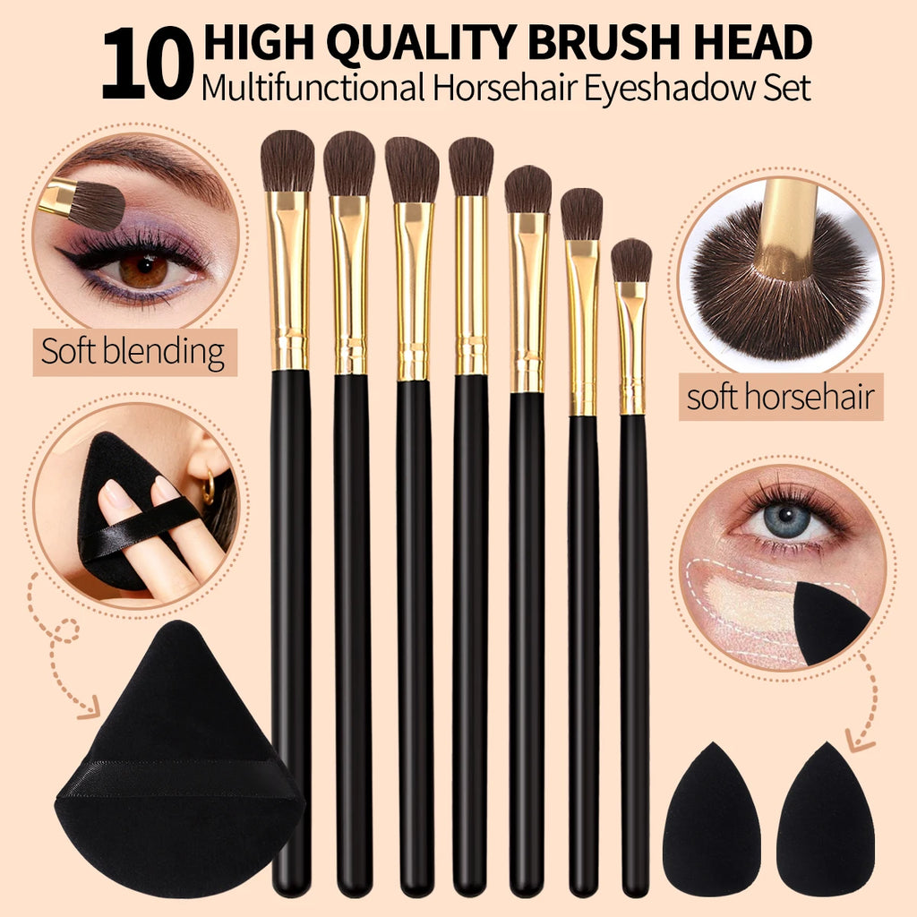 KOSSHOW 10-Pc Horsehair Eyeshadow Brush Set + Puff & Sponges Eyeshadow Brush Set QXL