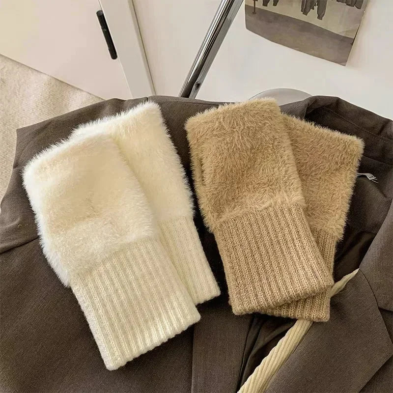 Women's Fleece Half Finger Gloves | Warm Knit Wrist Mittens Fingerless Winter Gloves QXL