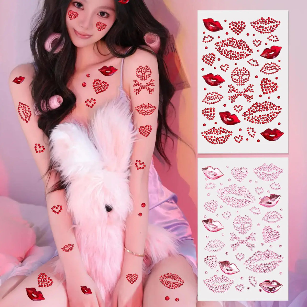 3D Red Lips Rhinestone Face Gems | Temporary Tattoo Stickers Face Gem Stickers QXL