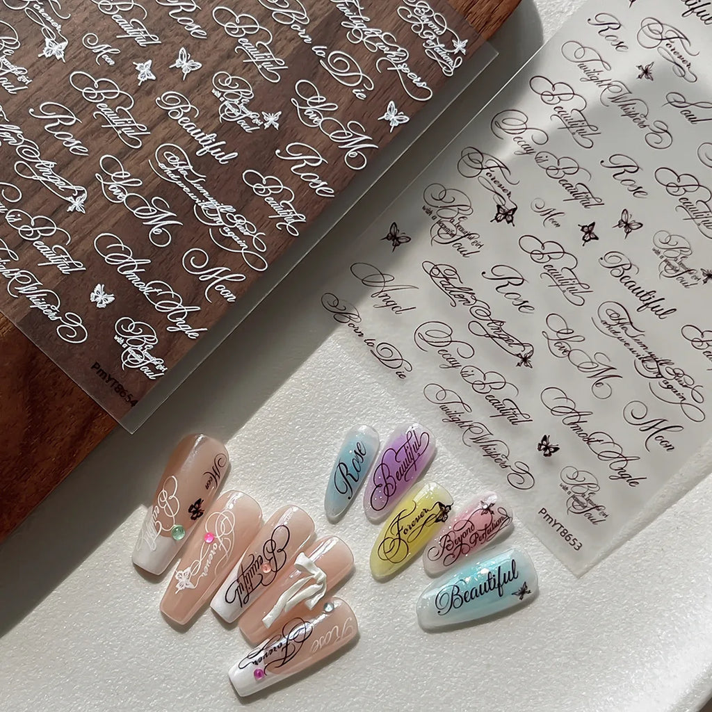 Gothic Silver Butterfly Nail Art Stickers | Cursive Script Decals Nail Art Stickers QXL