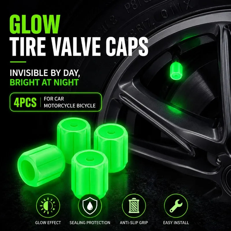 4-Pack Glow in the Dark Tire Valve Stem Caps | Universal Tire Valve Caps QXL