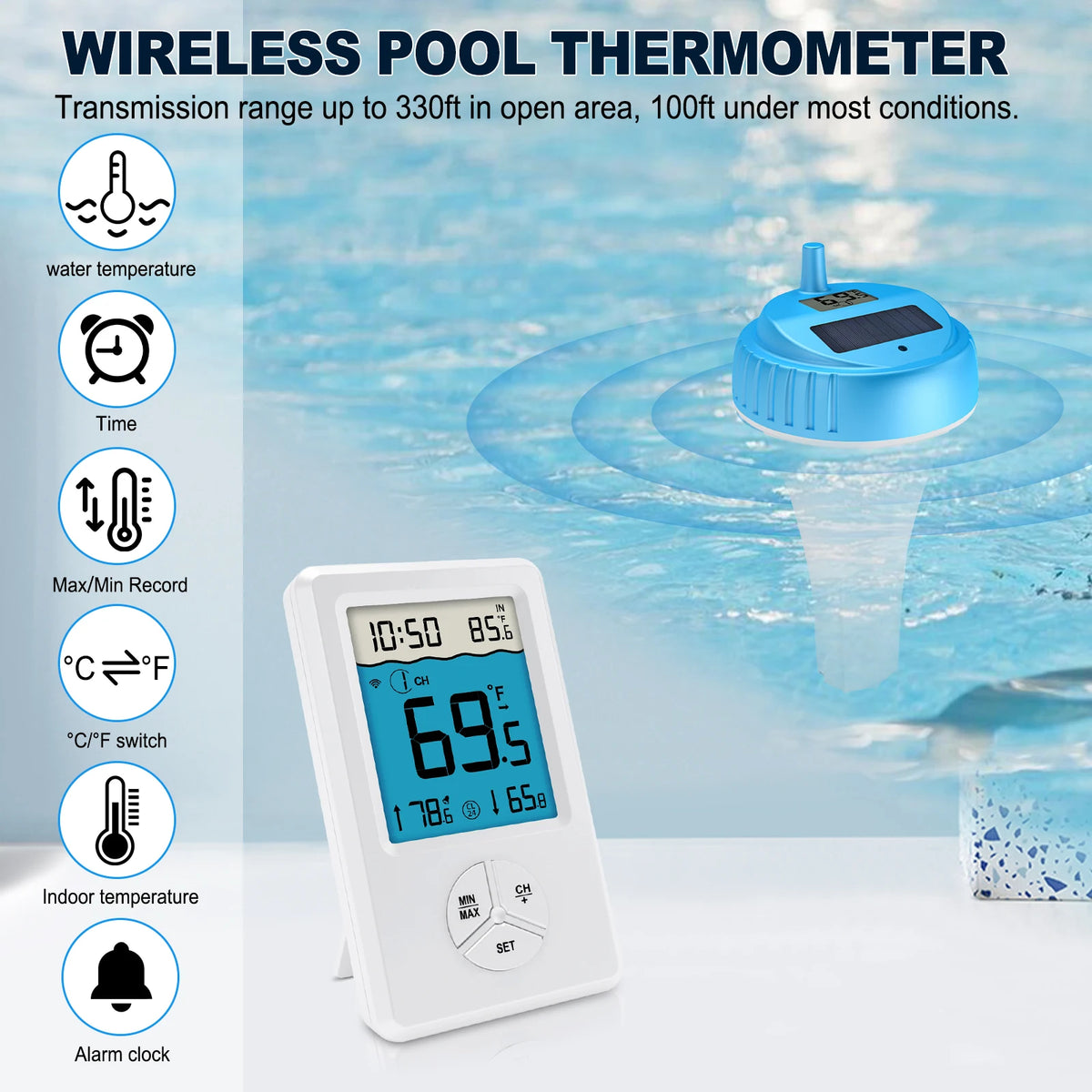 Wireless Floating Pool Thermometer | 100ft Remote LCD Console Pool Thermometer QXL